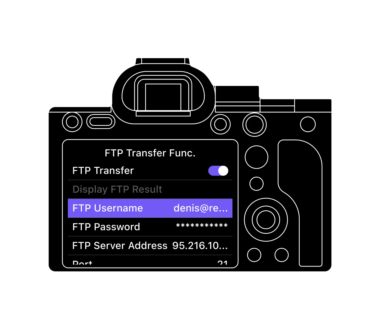 FTP settings configuration on a DSLR camera for cloud upload